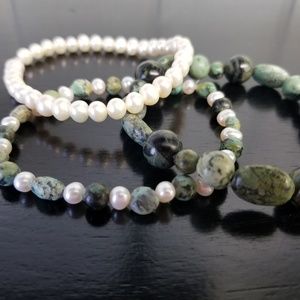 3PC Stretch African Trq. Beads & White Pearls